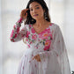Colourful Lightweight Organza Silk Flared Gown with Dupatta and Pants for Festive Wear - Jaipuri Vastra