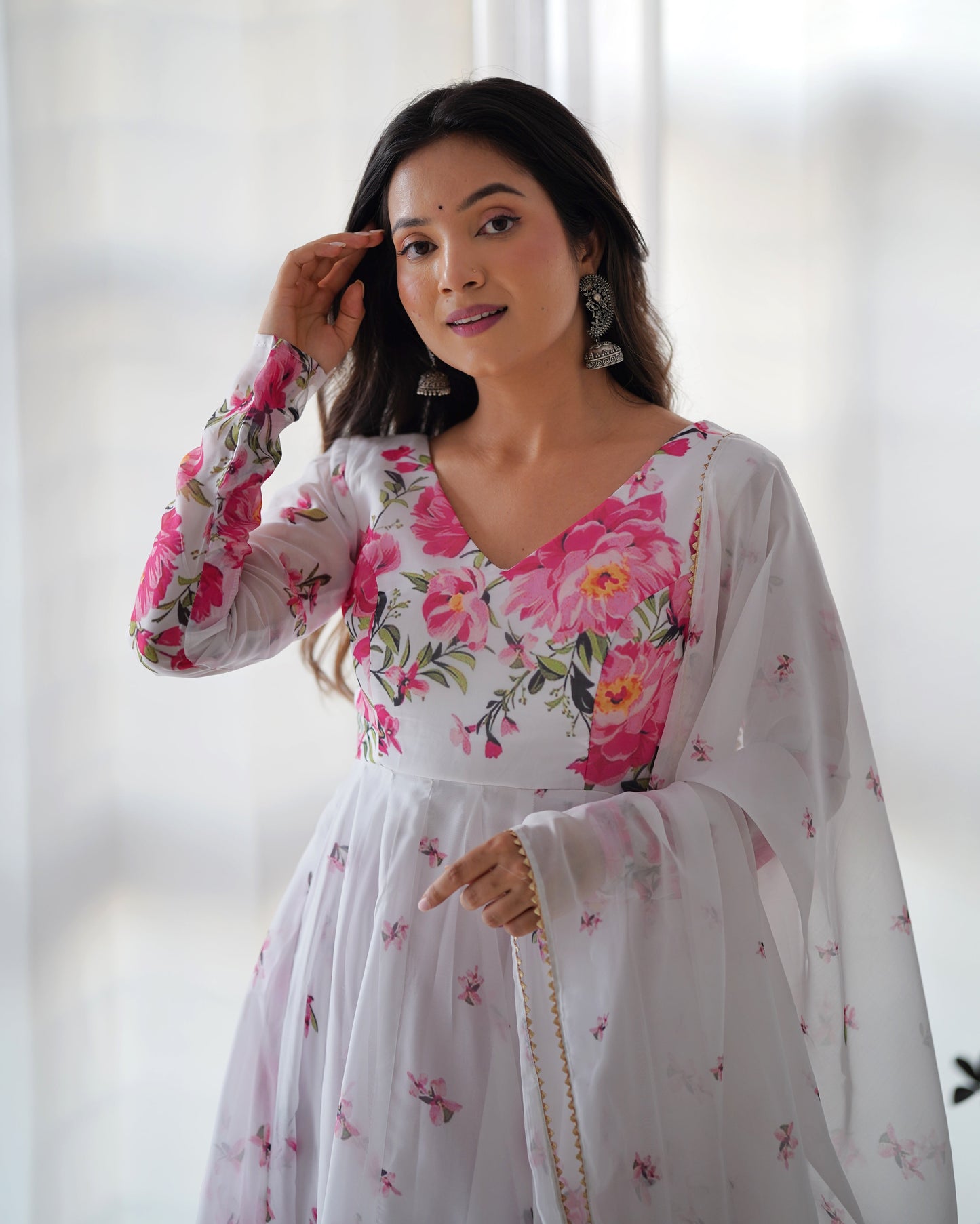 Colourful Lightweight Organza Silk Flared Gown with Dupatta and Pants for Festive Wear - Jaipuri Vastra