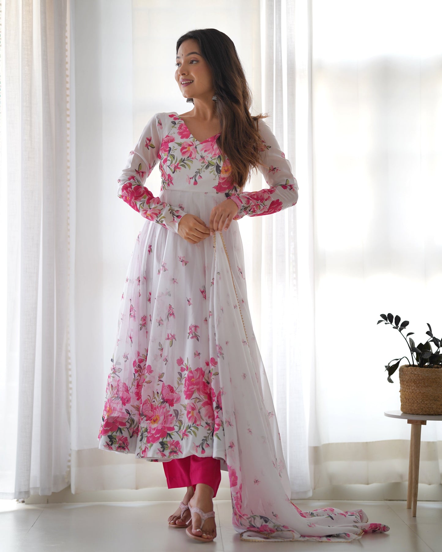 Colourful Lightweight Organza Silk Flared Gown with Dupatta and Pants for Festive Wear - Jaipuri Vastra