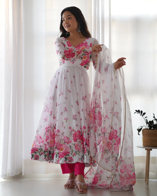 Colourful Lightweight Organza Silk Flared Gown with Dupatta and Pants for Festive Wear - Jaipuri Vastra
