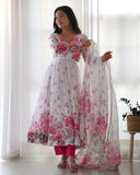 Colourful Lightweight Organza Silk Flared Gown with Dupatta and Pants for Festive Wear - Jaipuri Vastra