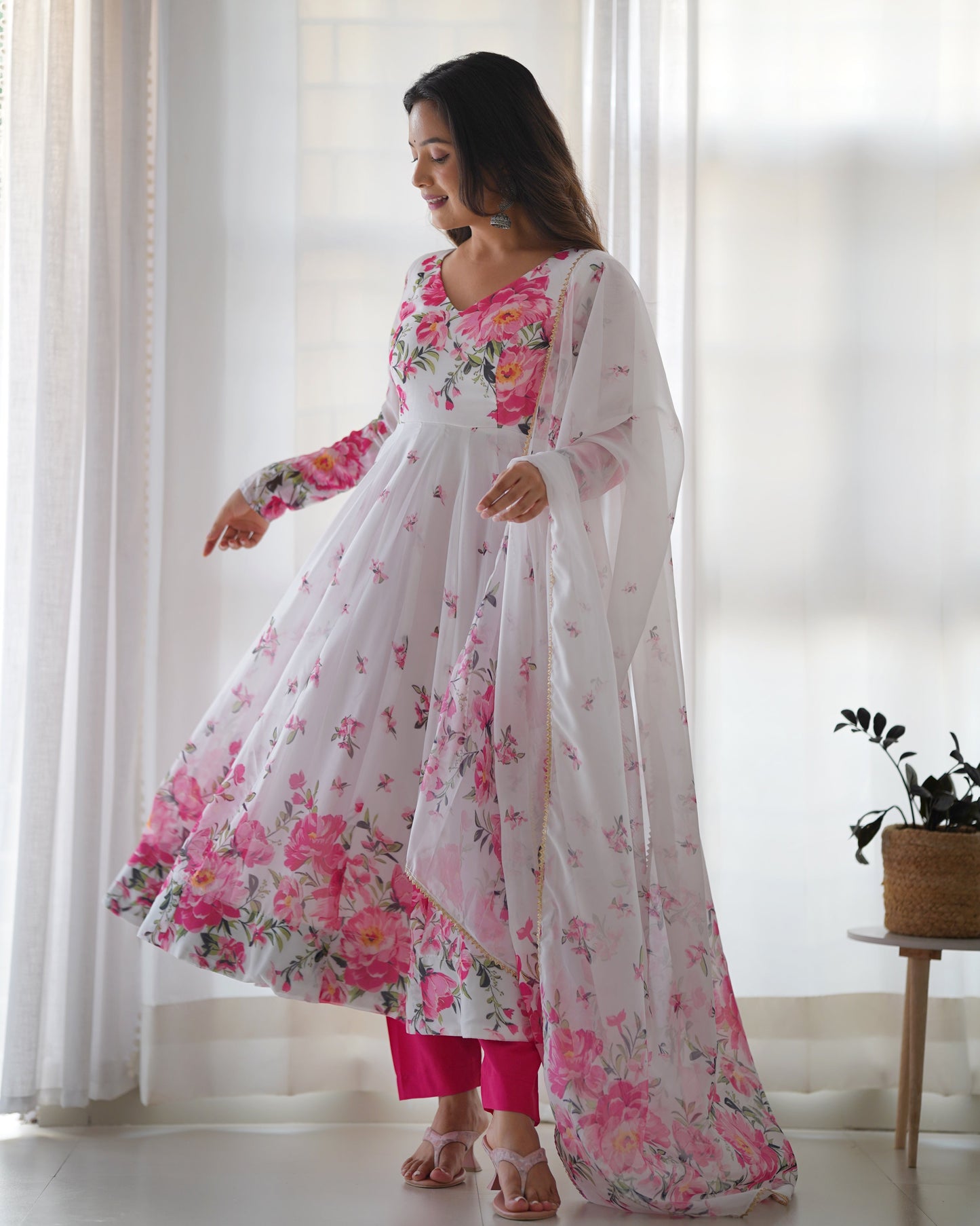 Colourful Lightweight Organza Silk Flared Gown with Dupatta and Pants for Festive Wear - Jaipuri Vastra