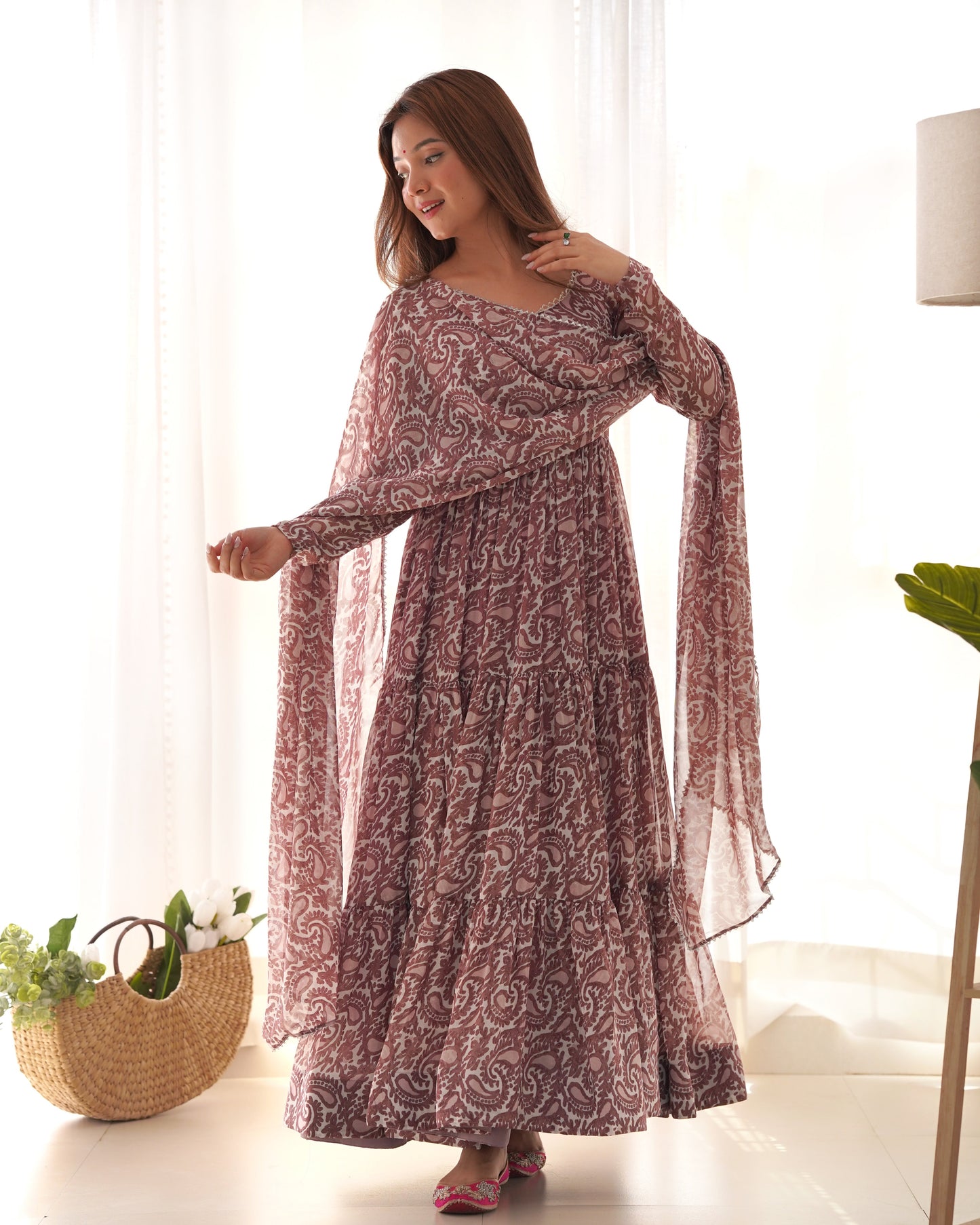 Elegant Three-Layer Fox Georgette Printed Anarkali with Churidar Sleeves & Zipper - Jaipuri Vastra