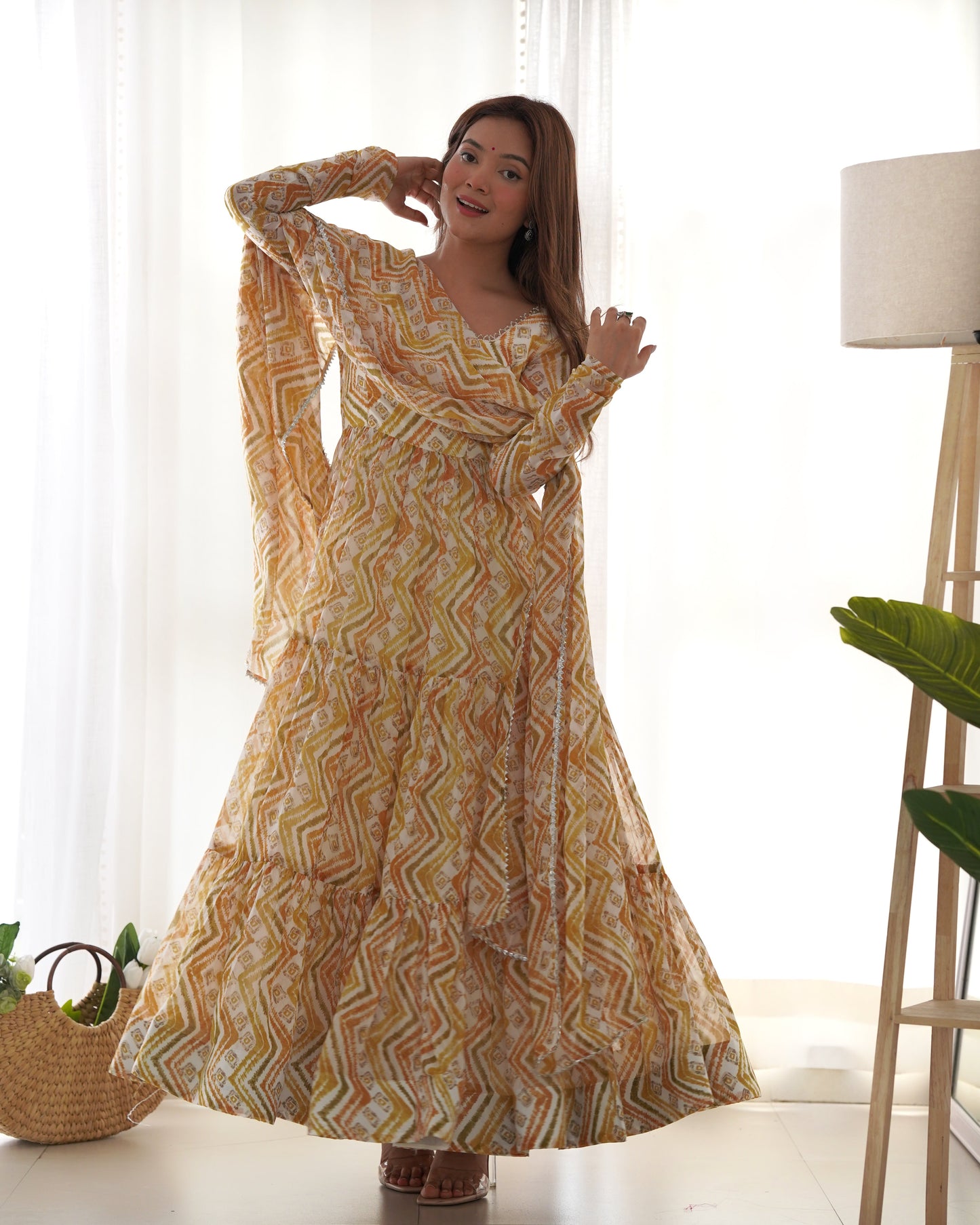 Pure Soft Fox Georgette Zigzag Print Fully Flared Anarkali with Dupatta and Pant Set - Jaipuri Vastra