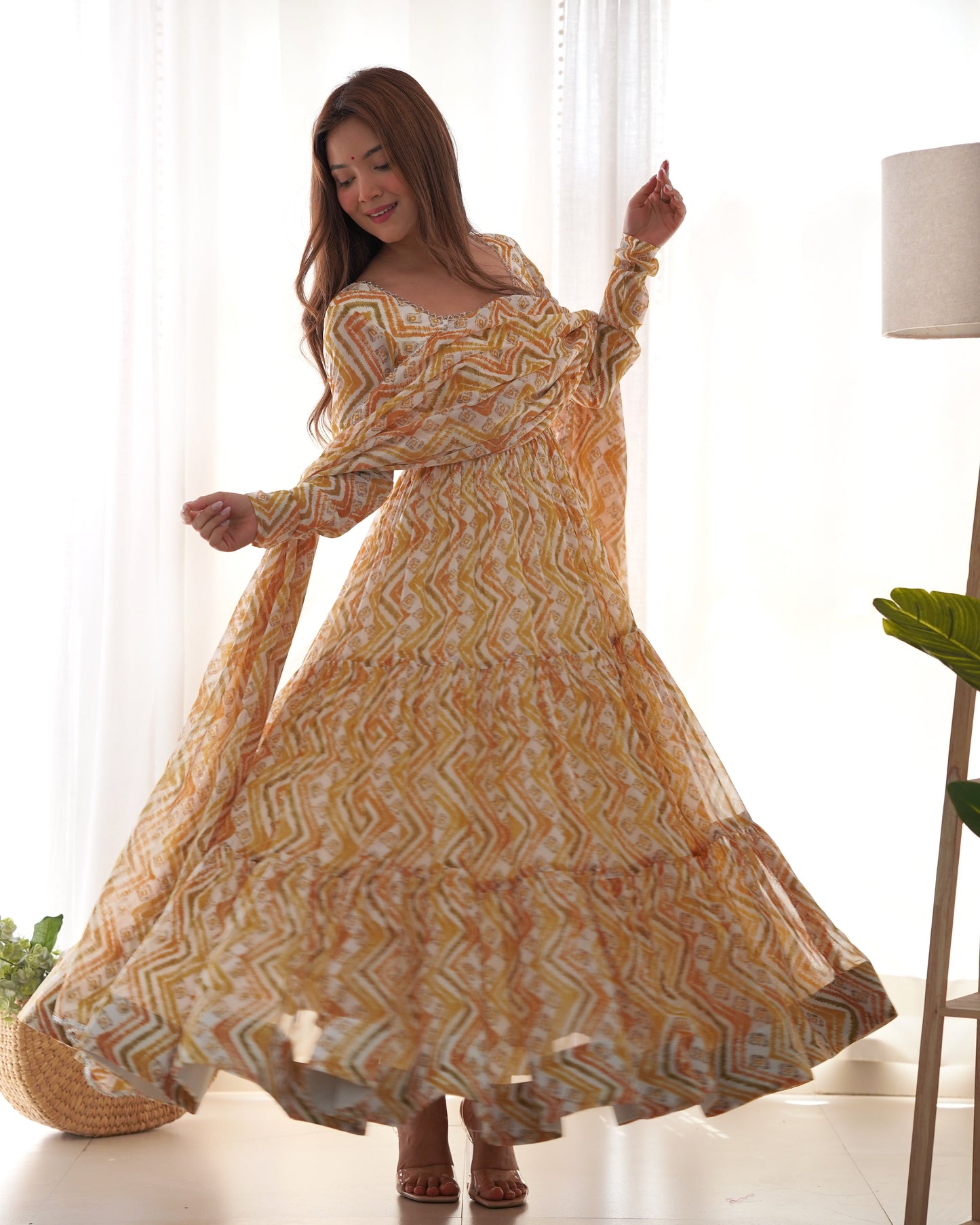 Pure Soft Fox Georgette Zigzag Print Fully Flared Anarkali with Dupatta and Pant Set - Jaipuri Vastra