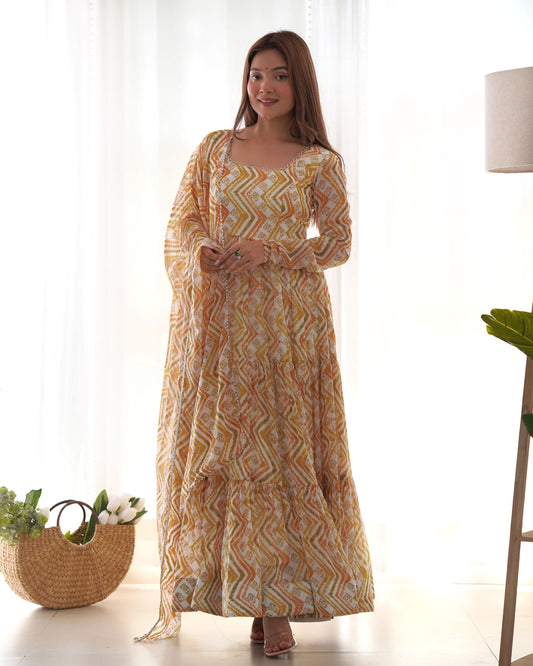 Pure Soft Fox Georgette Zigzag Print Fully Flared Anarkali with Dupatta and Pant Set - Jaipuri Vastra