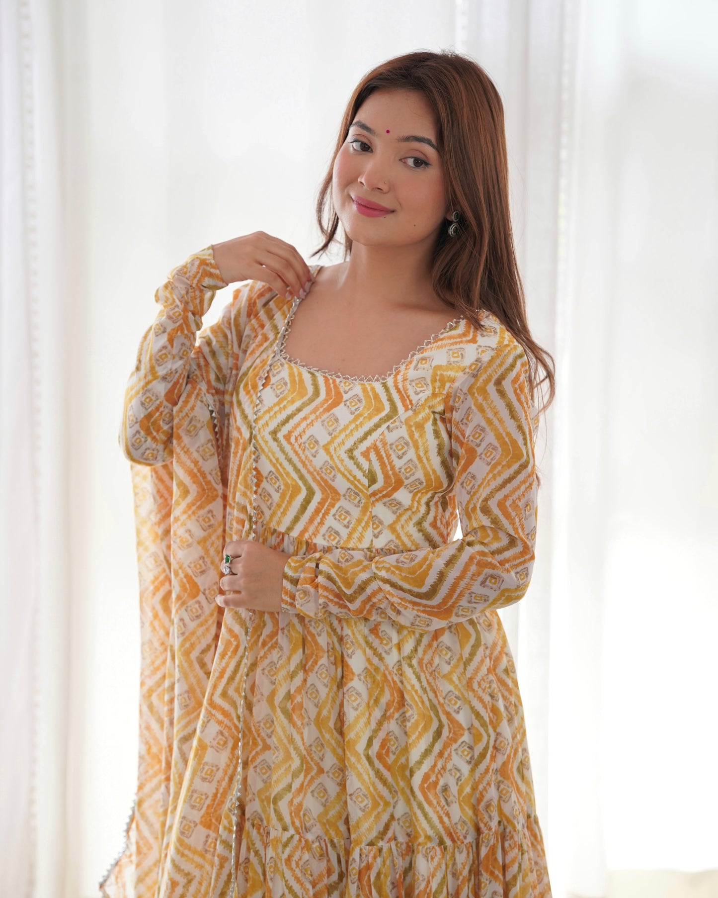 Pure Soft Fox Georgette Zigzag Print Fully Flared Anarkali with Dupatta and Pant Set - Jaipuri Vastra
