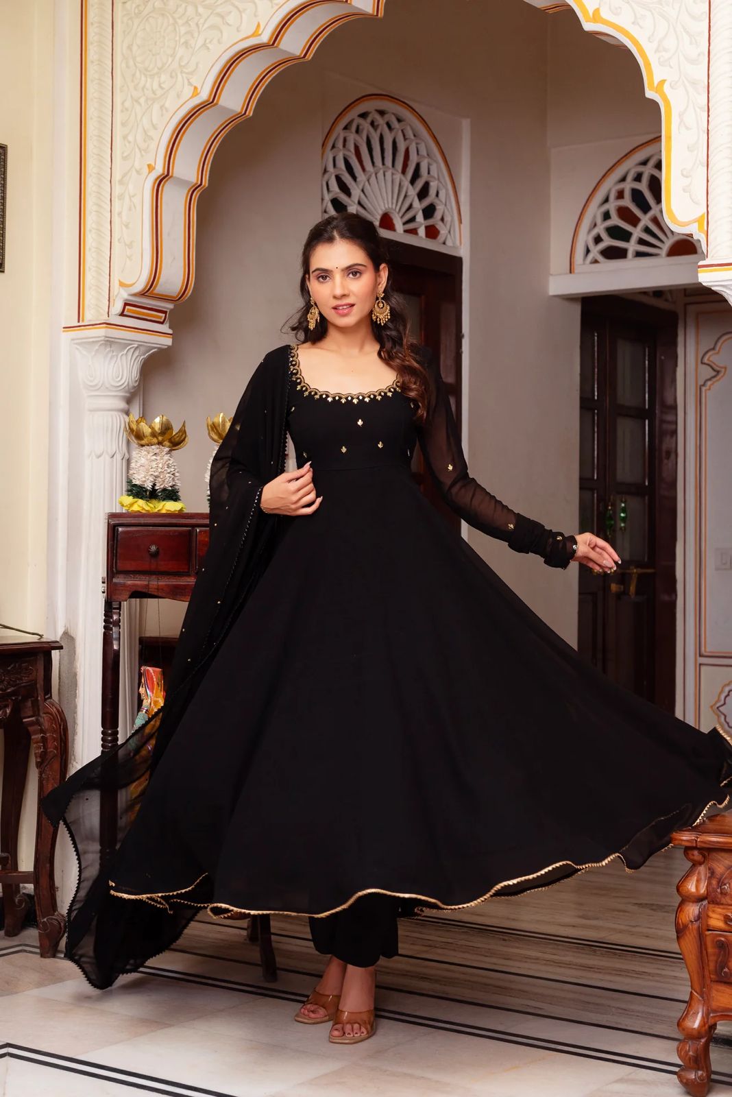 Designer Faux Georgette Top with Lace Border and Handwork, Cotton Elasticated Pant, and Embroidered Dupatta