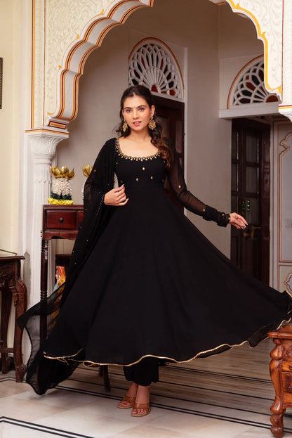 Designer Faux Georgette Top with Lace Border and Handwork, Cotton Elasticated Pant, and Embroidered Dupatta