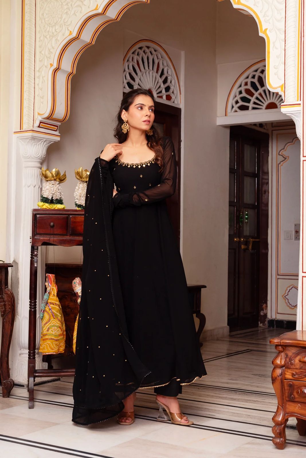 Designer Faux Georgette Top with Lace Border and Handwork, Cotton Elasticated Pant, and Embroidered Dupatta