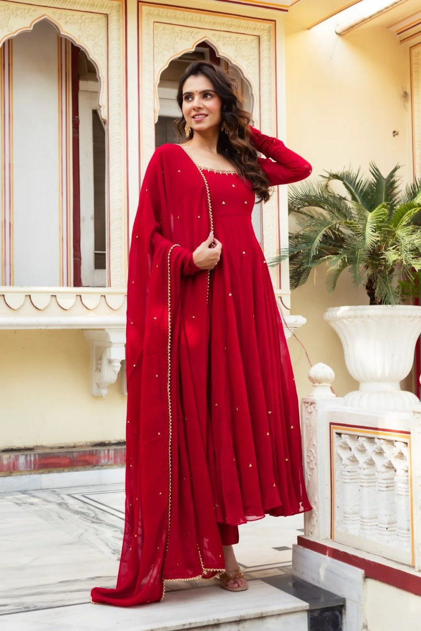 Hand-Embroidered Designer Gown in Faux Georgette with Diamond and Pearl Detailing