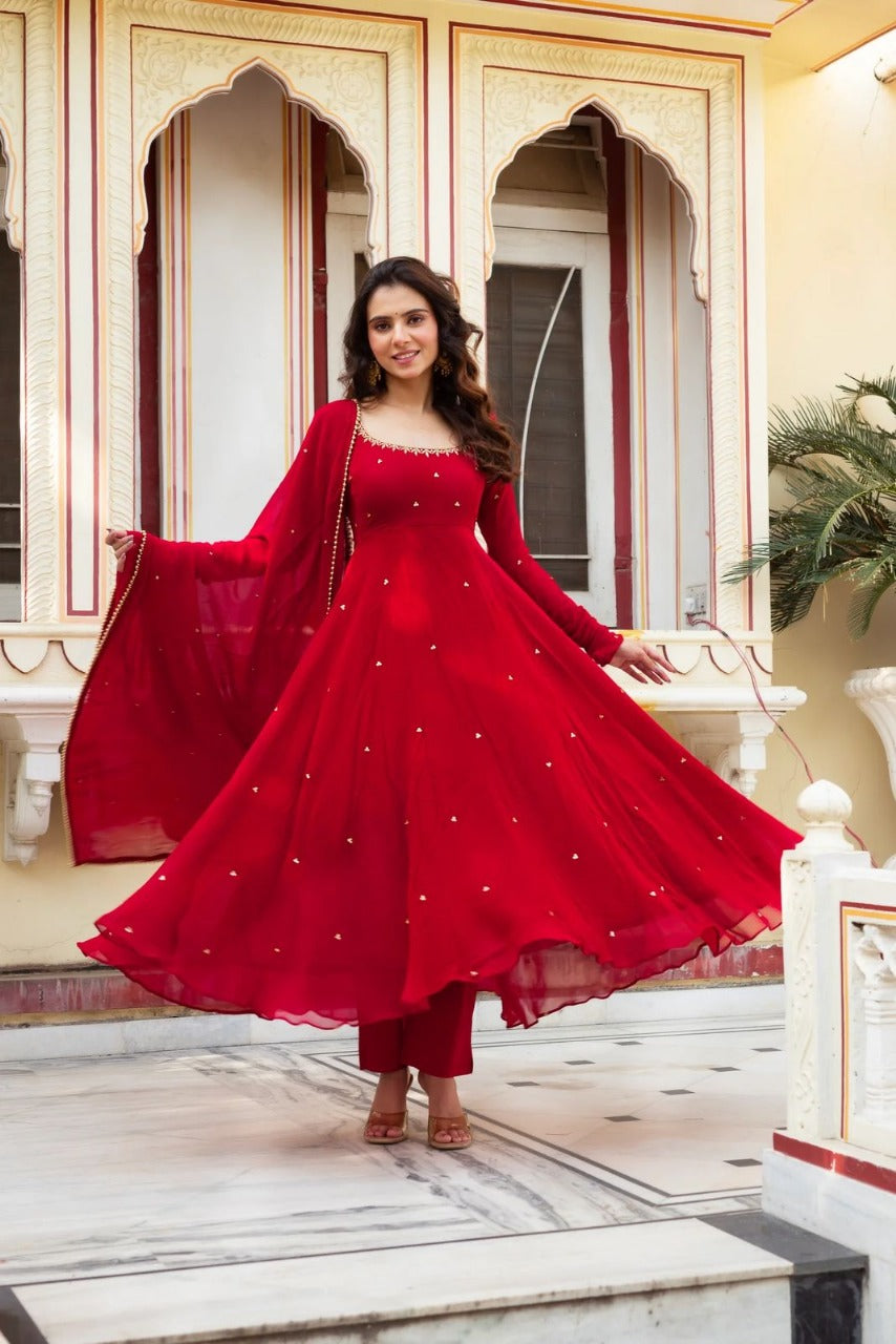 Hand-Embroidered Designer Gown in Faux Georgette with Diamond and Pearl Detailing