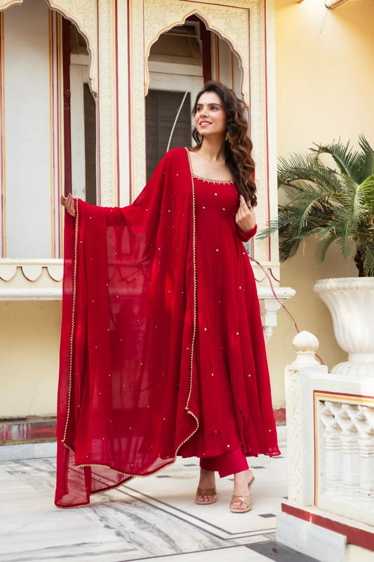 Hand-Embroidered Designer Gown in Faux Georgette with Diamond and Pearl Detailing