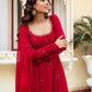 Hand-Embroidered Designer Gown in Faux Georgette with Diamond and Pearl Detailing