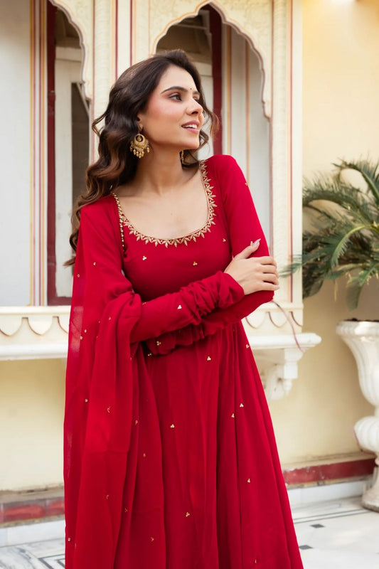Hand-Embroidered Designer Gown in Faux Georgette with Diamond and Pearl Detailing