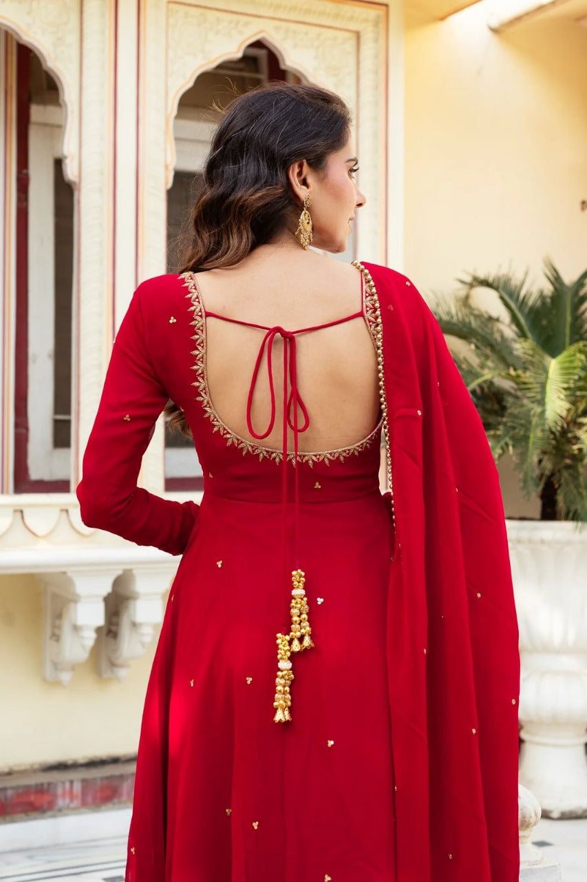 Hand-Embroidered Designer Gown in Faux Georgette with Diamond and Pearl Detailing