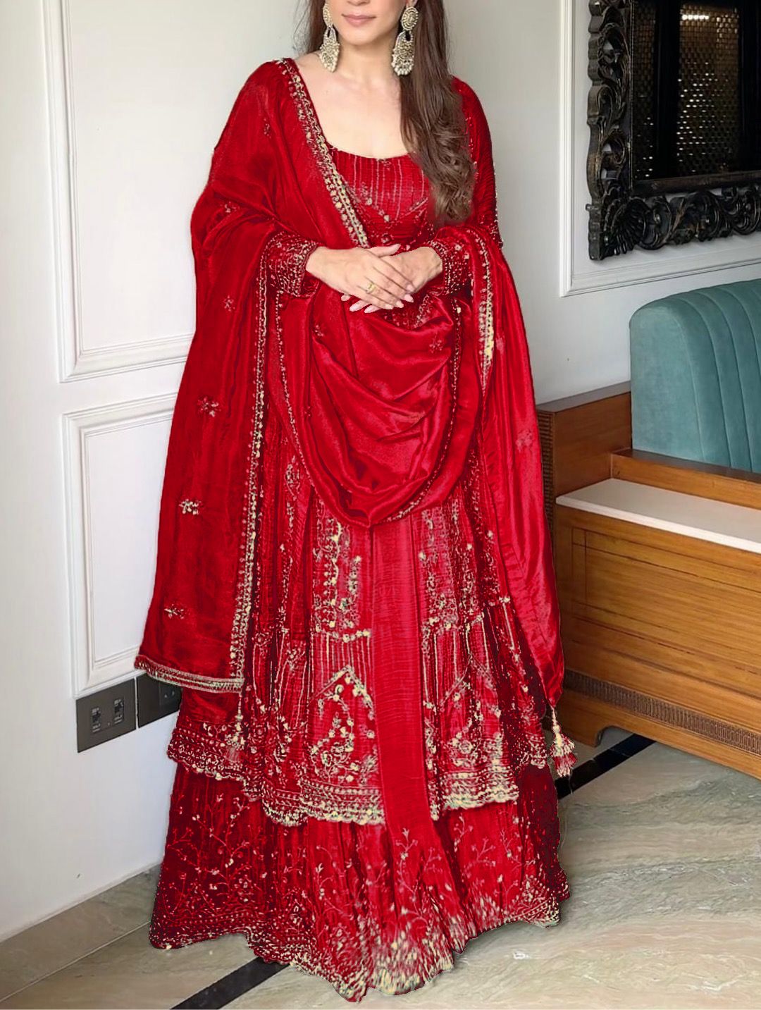 Heavy Crunchy Silk Designer Gown with Embroidered Lehenga & Micro Cotton Lining
