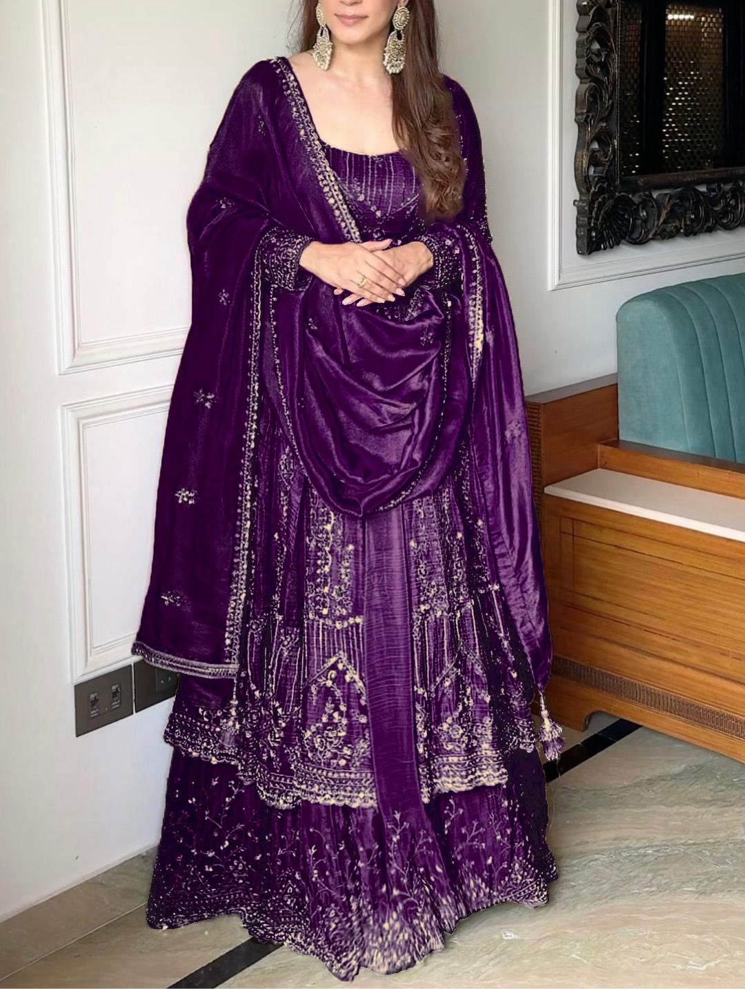 Heavy Crunchy Silk Designer Gown with Embroidered Lehenga & Micro Cotton Lining