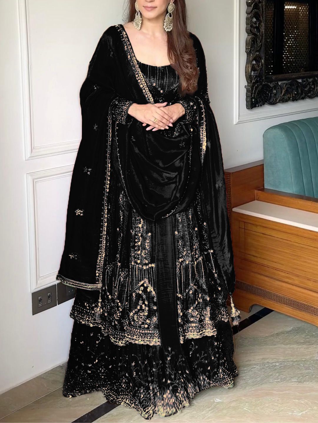 Heavy Crunchy Silk Designer Gown with Embroidered Lehenga & Micro Cotton Lining