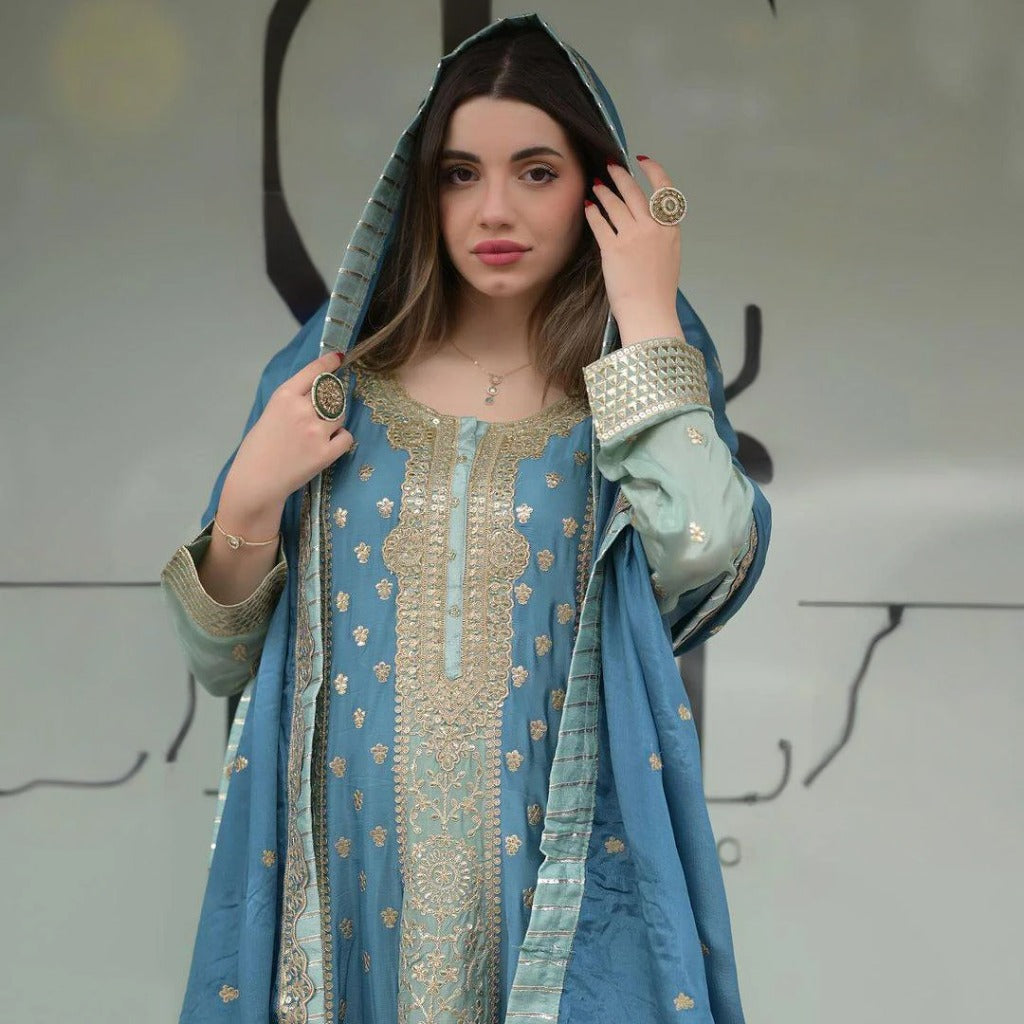Elegant Faux Georgette Ensemble Featuring Intricate Sequin Embroidery on Sharara and Top with Dupatta - Jaipuri Vastra