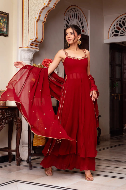 Handcrafted Gown and Pant Set with Micro Inner and Lace-Bordered Dupatta in Faux Georgette