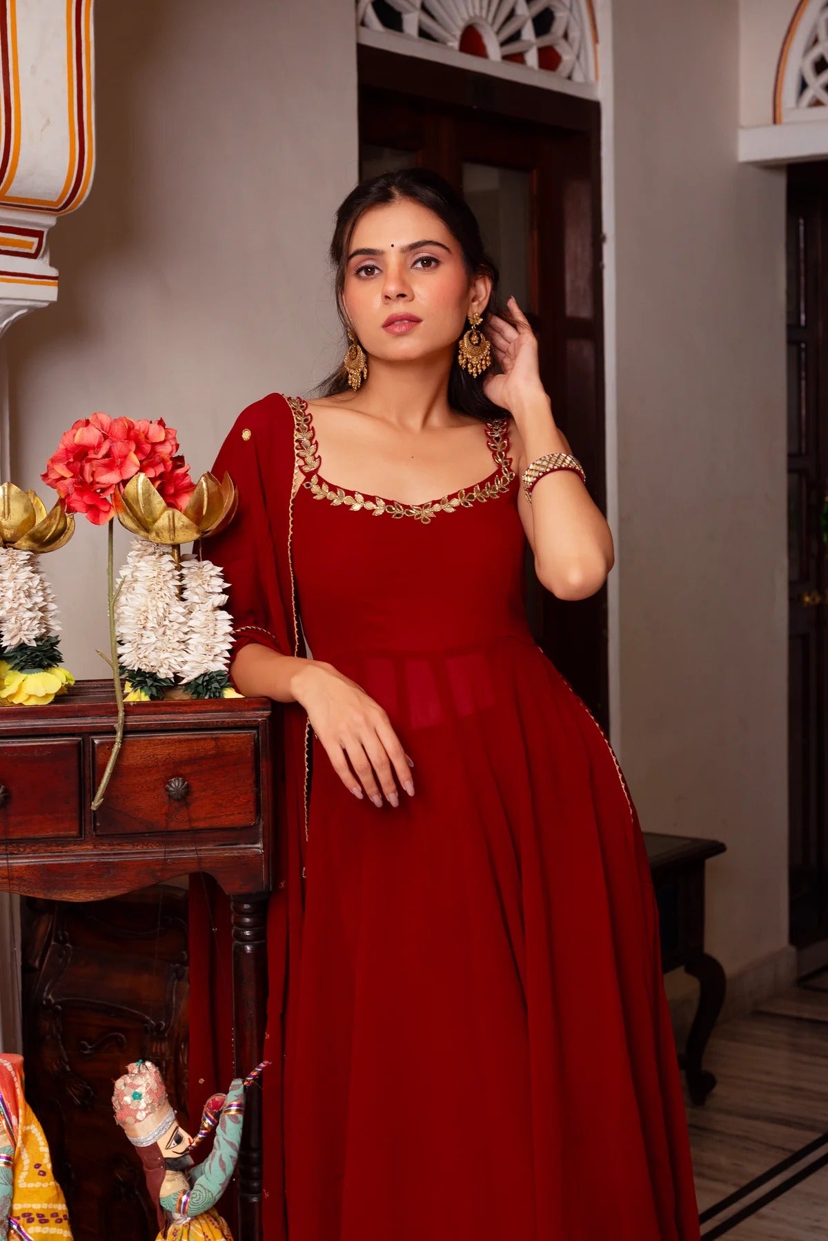 Handcrafted Gown and Pant Set with Micro Inner and Lace-Bordered Dupatta in Faux Georgette