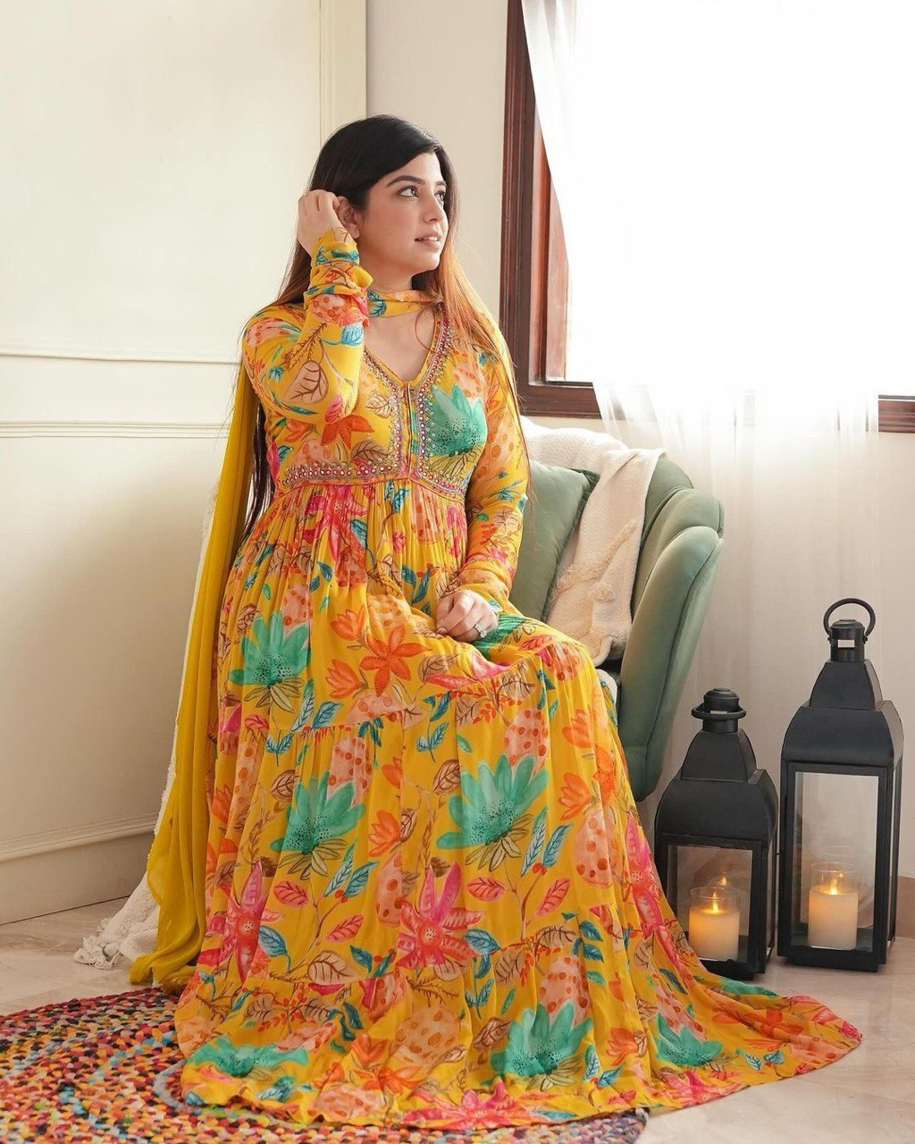 Elegant Faux Georgette Gown Featuring Sequin Embellishments and Ruffle Styling with Digital Print Dupatta - Jaipuri Vastra