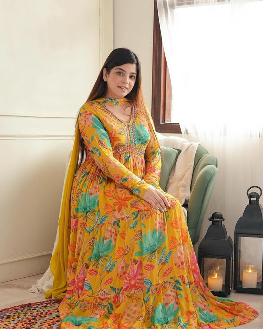 Elegant Faux Georgette Gown Featuring Sequin Embellishments and Ruffle Styling with Digital Print Dupatta - Jaipuri Vastra