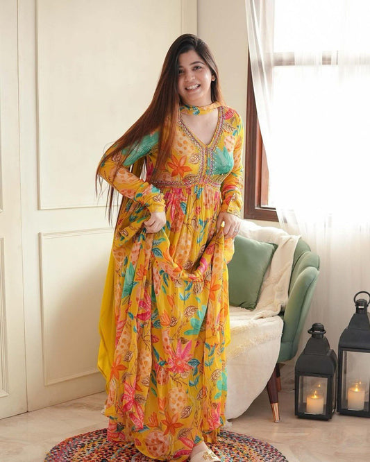 Elegant Faux Georgette Gown Featuring Sequin Embellishments and Ruffle Styling with Digital Print Dupatta - Jaipuri Vastra