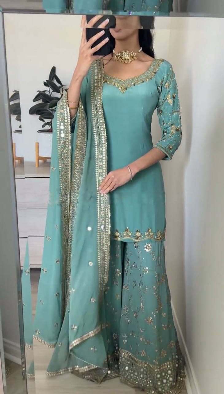 Stylish Designer Party Wear Top Plazzo Dupatta Set in Heavy Faux Georgette with Full Sleeve Embroidery Work - Jaipuri Vastra