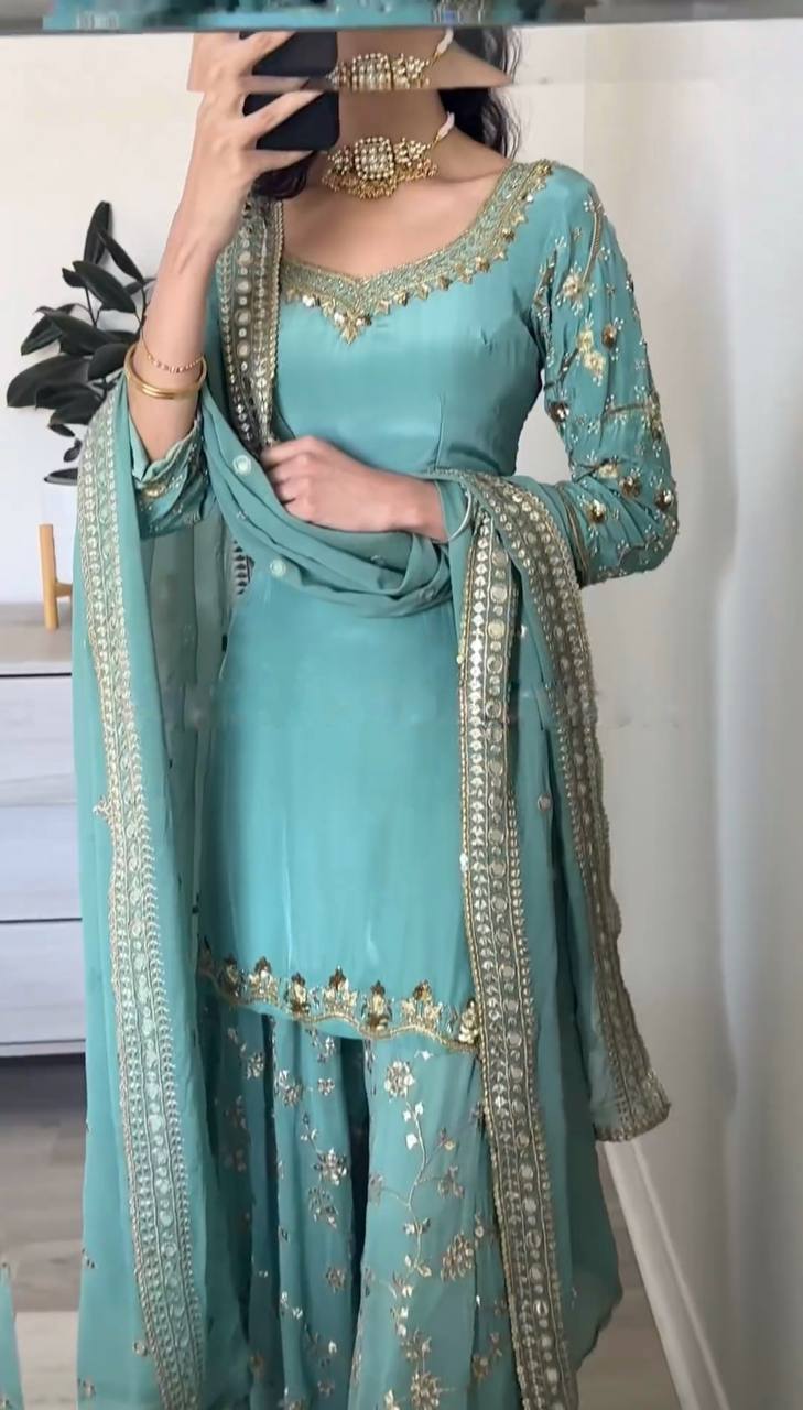 Stylish Designer Party Wear Top Plazzo Dupatta Set in Heavy Faux Georgette with Full Sleeve Embroidery Work - Jaipuri Vastra