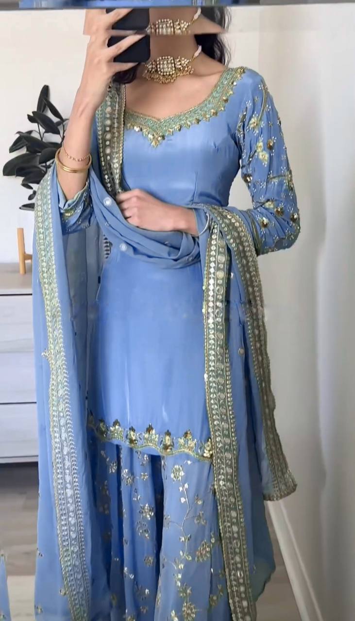 Stylish Designer Party Wear Top Plazzo Dupatta Set in Heavy Faux Georgette with Full Sleeve Embroidery Work - Jaipuri Vastra
