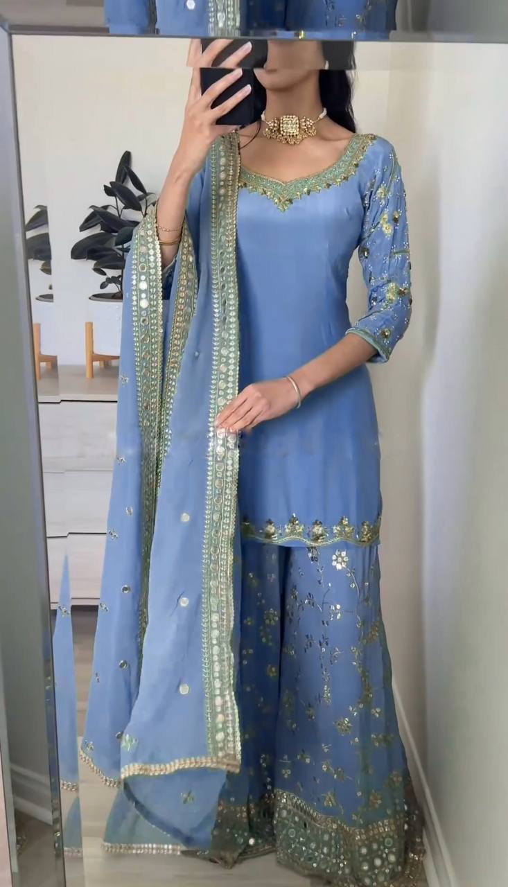 Stylish Designer Party Wear Top Plazzo Dupatta Set in Heavy Faux Georgette with Full Sleeve Embroidery Work - Jaipuri Vastra
