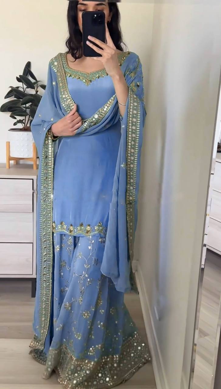 Stylish Designer Party Wear Top Plazzo Dupatta Set in Heavy Faux Georgette with Full Sleeve Embroidery Work - Jaipuri Vastra