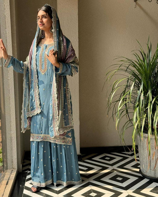 Stylish Occasion Wear with Sequin Work on Georgette Top, Palazzo and Matching Dupatta - Jaipuri Vastra