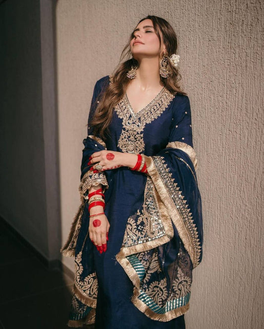 Designer Pure Chinnon Top Bottom Dupatta Set Heavy Embroidery Blue - Jaipuri Vastra