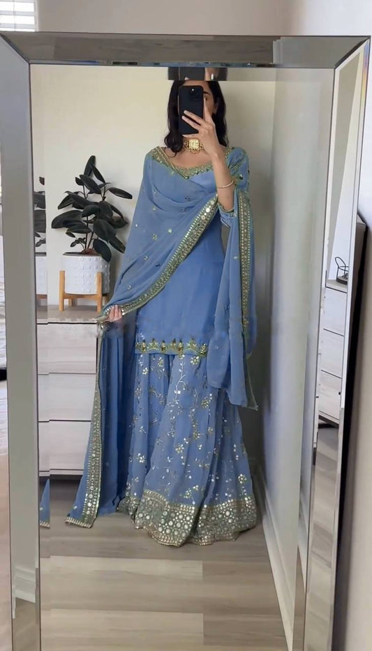 Stylish Designer Party Wear Top Plazzo Dupatta Set in Heavy Faux Georgette with Full Sleeve Embroidery Work - Jaipuri Vastra