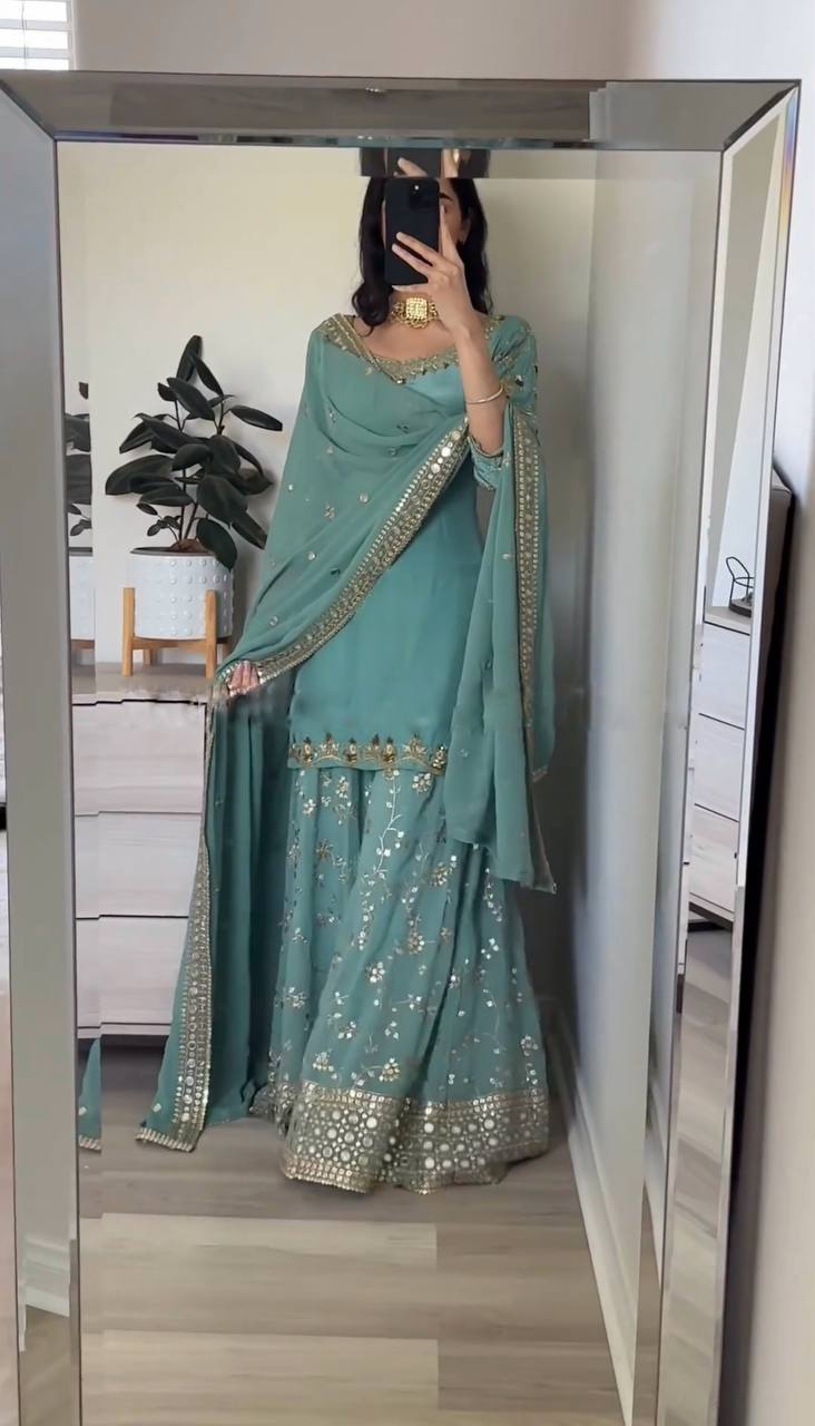 Stylish Designer Party Wear Top Plazzo Dupatta Set in Heavy Faux Georgette with Full Sleeve Embroidery Work - Jaipuri Vastra