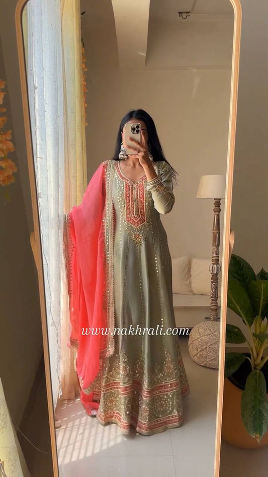Elegant Faux Georgette Gown Set Featuring Intricate Sequin Embroidery and Stylish Dupatta - Jaipuri Vastra