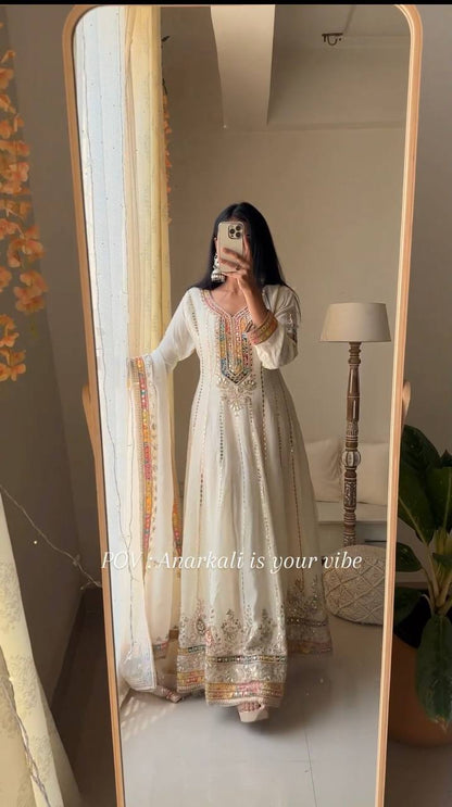 Elegant Faux Georgette Gown Set Featuring Intricate Sequin Embroidery and Stylish Dupatta - Jaipuri Vastra