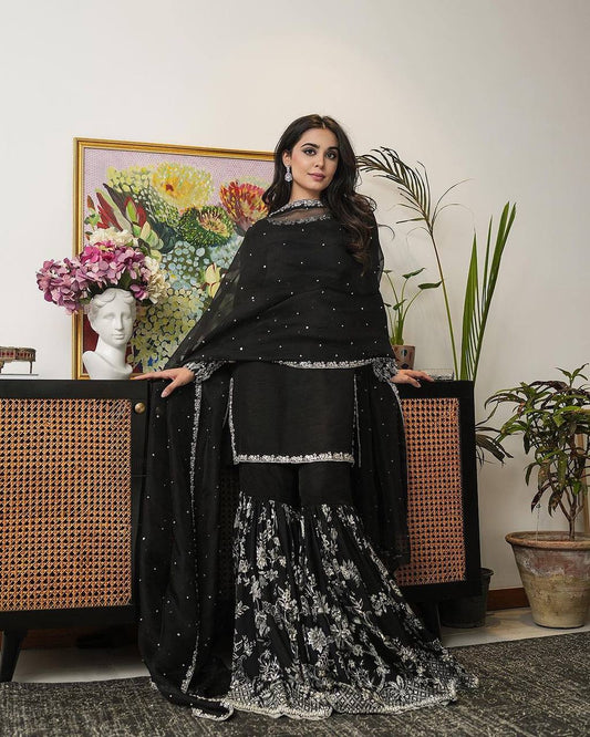 Elegant Black Faux Georgette Embroidered Top-Plazzo with Dupatta Set - Jaipuri Vastra
