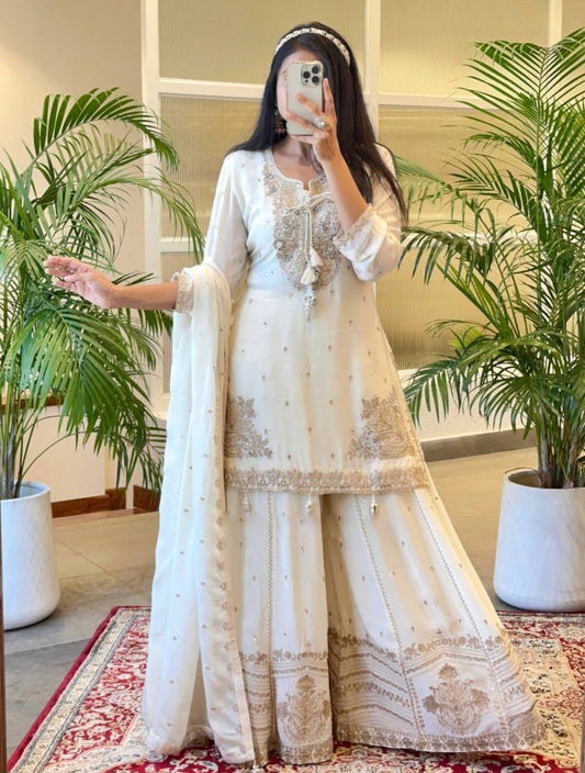 Premium Chinnon Silk Top-Bottom and Dupatta Set with Sequence Detailing - Jaipuri Vastra