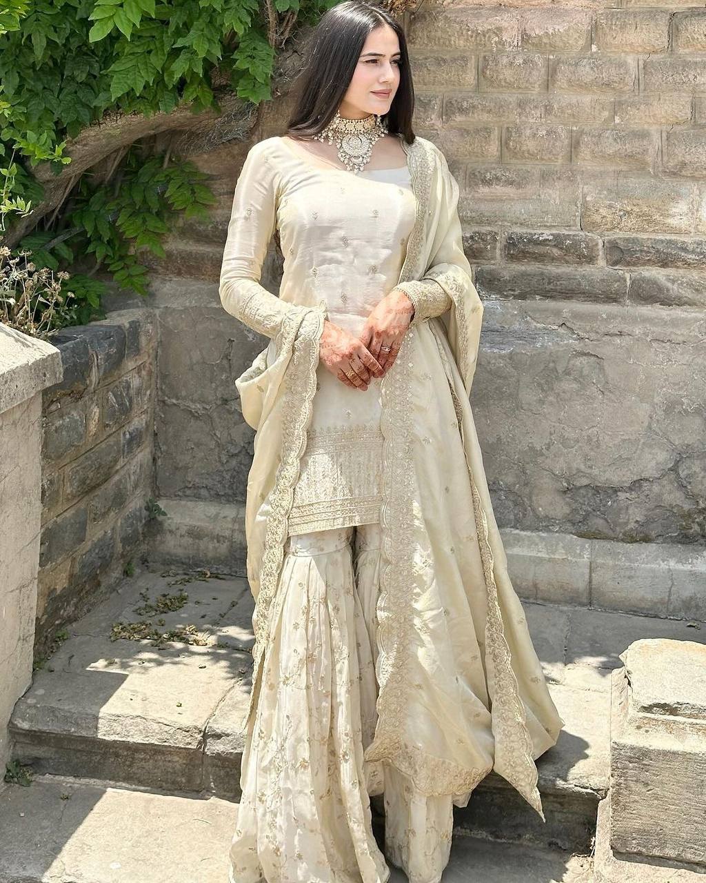 Ready to Wear Chinnon Silk Set with Heavy Sequence Work and Dupatta - Jaipuri Vastra