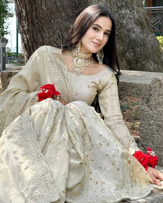 Ready to Wear Chinnon Silk Set with Heavy Sequence Work and Dupatta - Jaipuri Vastra