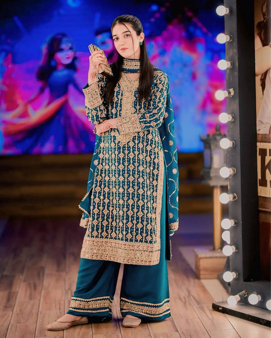 Stylish Dark Blue Outfit with Embroidered Sequin Work on Contrast Fabric Top and Palazzo - Jaipuri Vastra