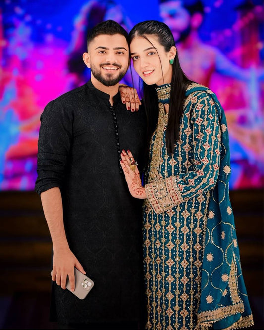 Stylish Dark Blue Outfit with Embroidered Sequin Work on Contrast Fabric Top and Palazzo - Jaipuri Vastra