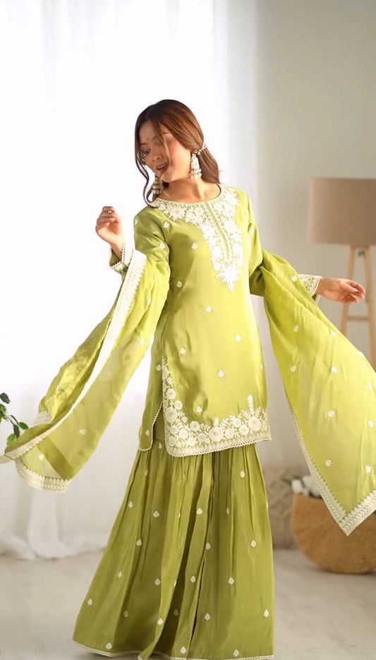 Pista Chinnon Silk Top-Plazzo & Dupatta Set with 5mm Sequin Embroidery - Jaipuri Vastra