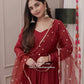 Trendy Maroon Gown Top and Pant Set in Dola Silk and Microfabric with Dupatta - Jaipuri Vastra