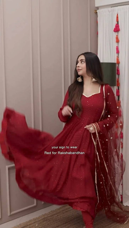 Trendy Maroon Gown Top and Pant Set in Dola Silk and Microfabric with Dupatta - Jaipuri Vastra