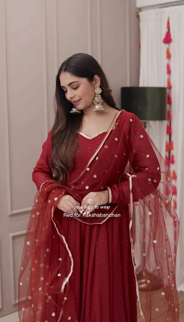 Trendy Maroon Gown Top and Pant Set in Dola Silk and Microfabric with Dupatta - Jaipuri Vastra